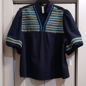 Elegant Navy Blouse with Green Detailing